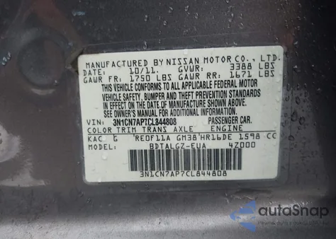 2012 Nissan Versa 1.6 Sl z USA, uszkodzony, nr VIN 3N1CN7AP7CL844808